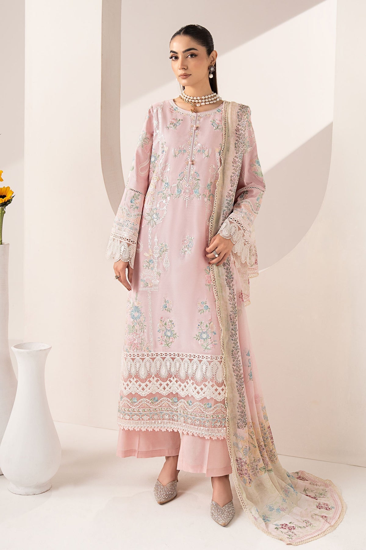 3 Piece Embroidered Paper Silk Suit