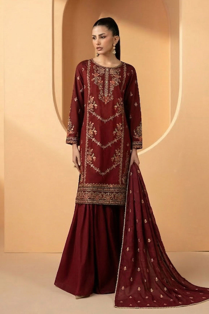 3 Piece Embroidered Double Warp Silk Suit Eid Collection DWE2658-ESM-MRN