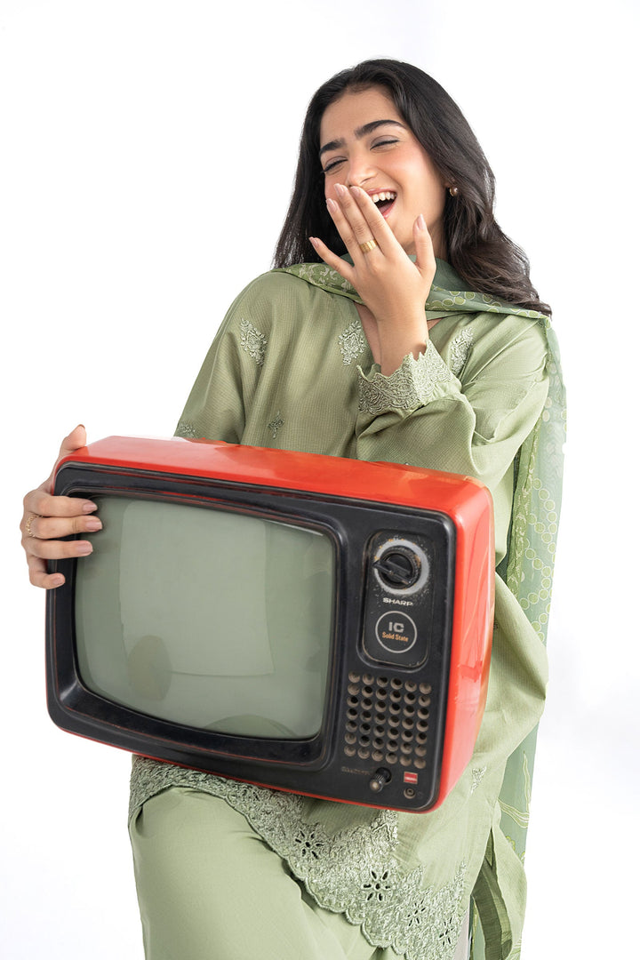 3 Pc Embroidered Lurex Stripe Suit m-basic 3 Piece MBCS143-ESM-GRN