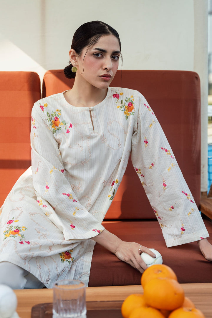 2 Pc Embroidered Cotton Stripe Suit m-basic Casuals MB6216A-ESM-BEG