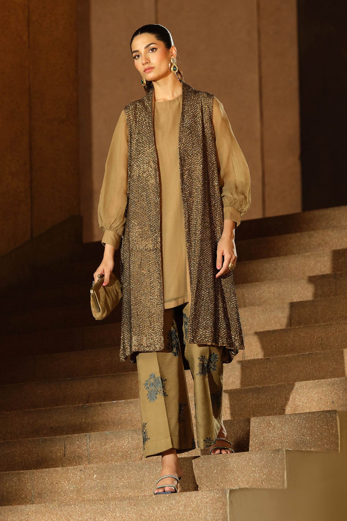 3 Piece Embroidered Raw Silk Suit