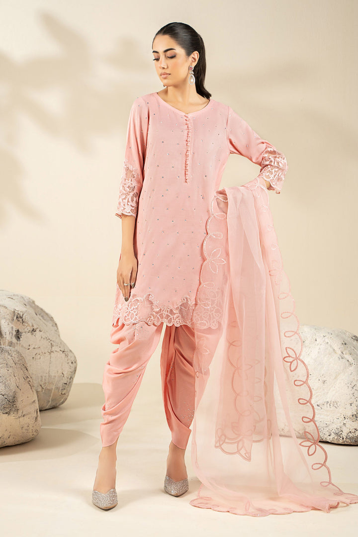 3 Piece Embroidered Raw Silk Suit New Arrivals MBS2514-ESM-PNK