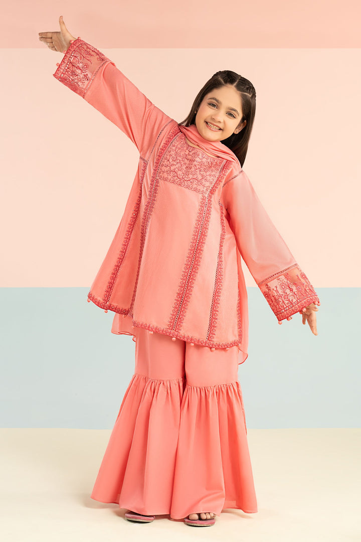3 Piece Embroidered Dobby Lawn Suit Kids MDF2606-023-PNK