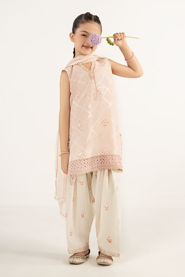 3 Piece Embroidered Dobby Lawn Suit Kids MDF2627-023-PNK
