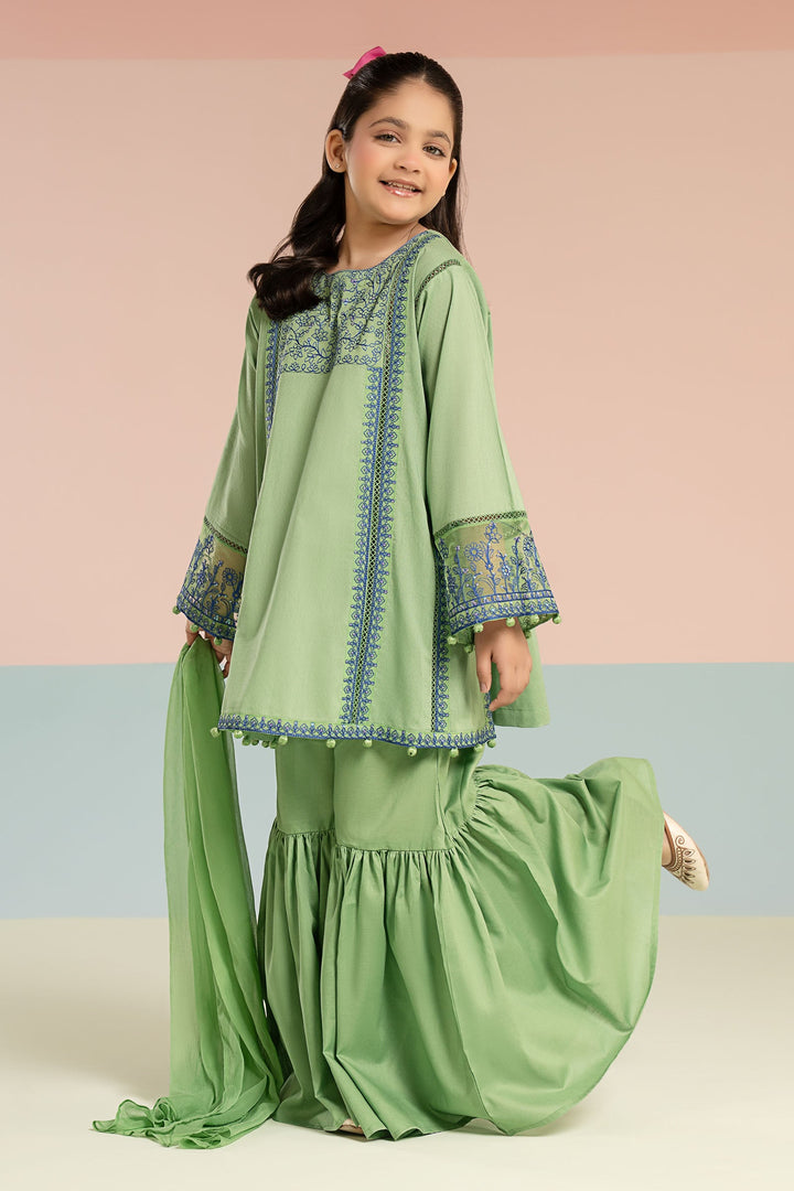 3 Piece Embroidered Dobby Lawn Suit Kids MDF2606-023-GRN