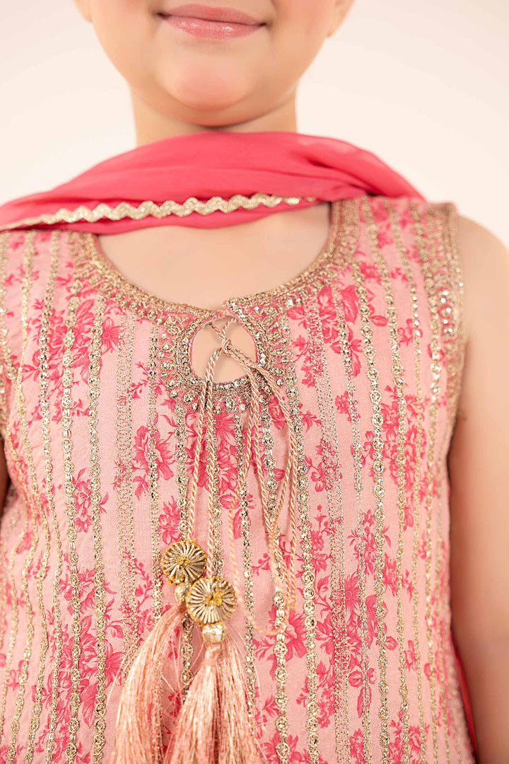 3 Piece Embroidered Raw Silk Suit Kids MSF2609-023-PNK