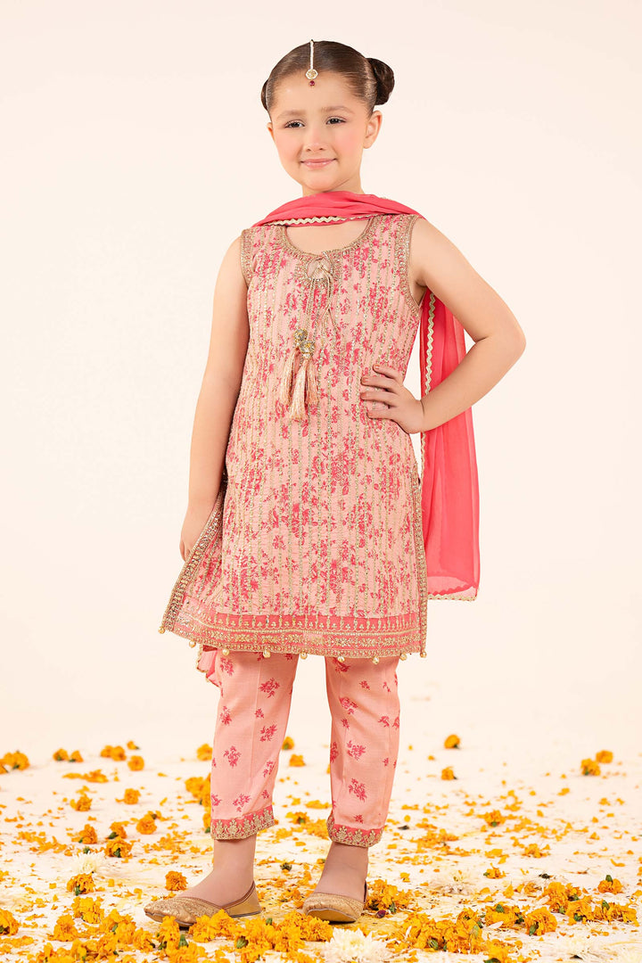 3 Piece Embroidered Raw Silk Suit Kids MSF2609-023-PNK