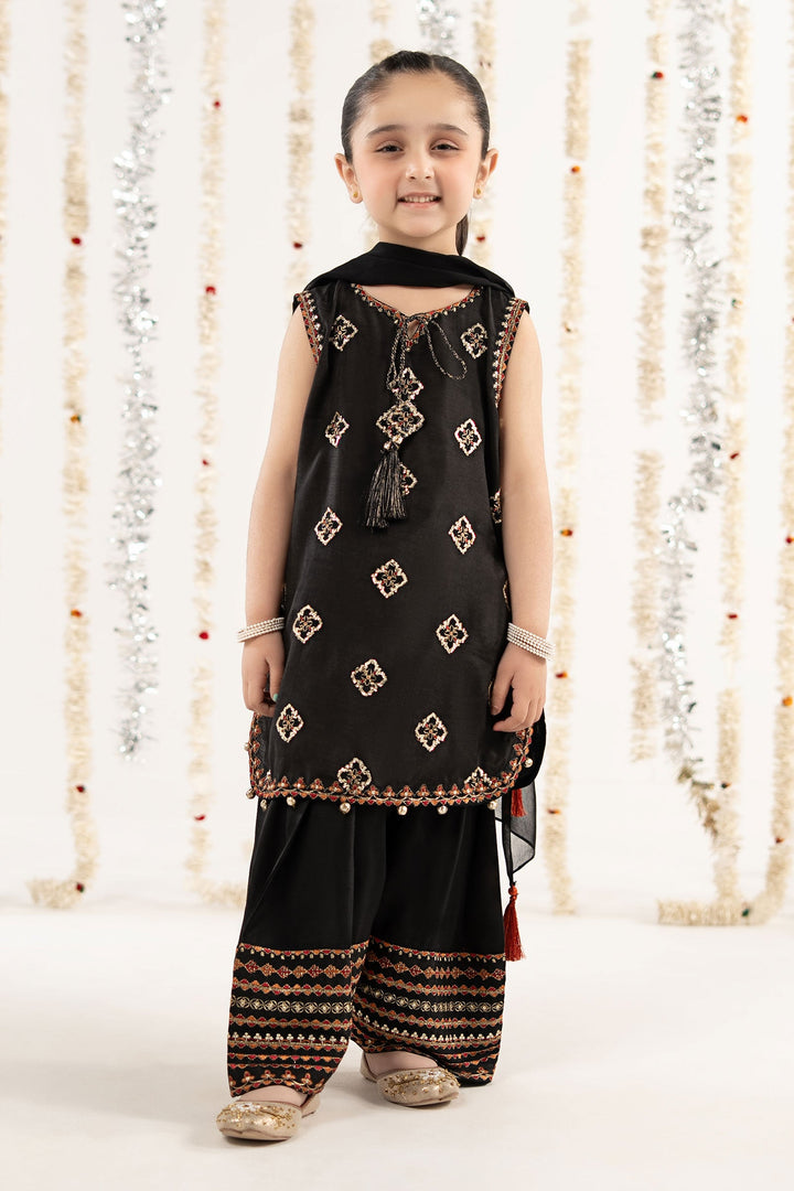 3 Piece Embroidered Raw Silk Suit Kids MSF2614-023-BLK