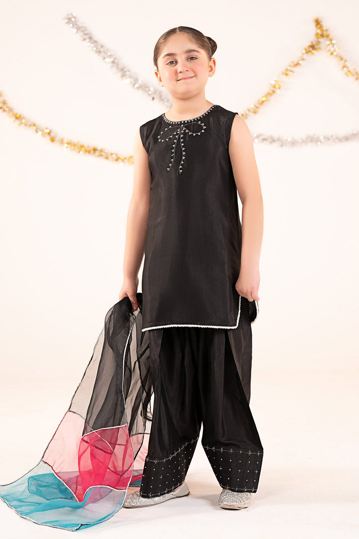 3 Piece Embellished Raw Silk Suit Kids MSF2626-023-BLK