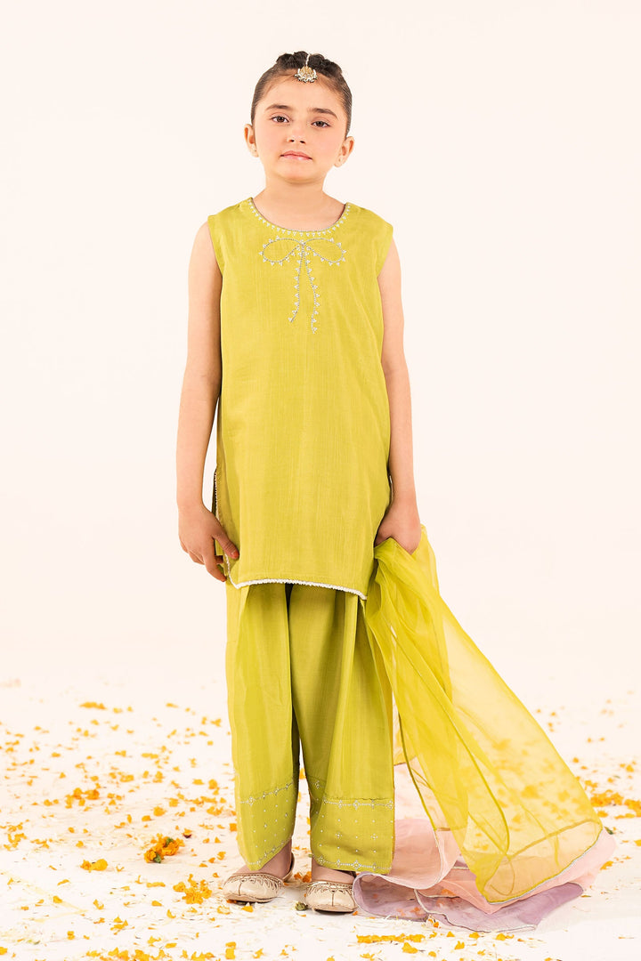 3 Piece Embellished Raw Silk Suit Kids MSF2626-023-GRN