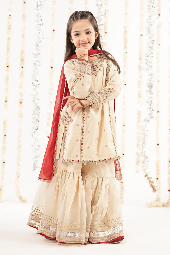 3 Piece Embroidered Raw Silk Suit Kids MSF2628-023-OFW