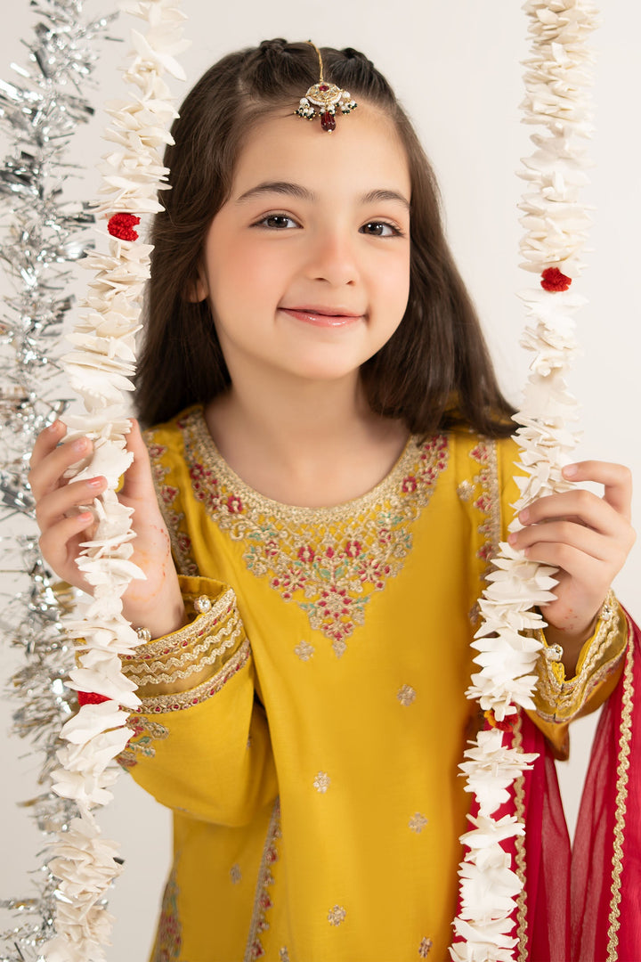 3 Piece Embroidered Raw Silk Suit Kids MSF2628-023-YLW