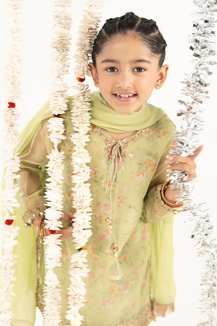 3 Piece Embroidered Organza Suit Kids MSF2632-023-GRN