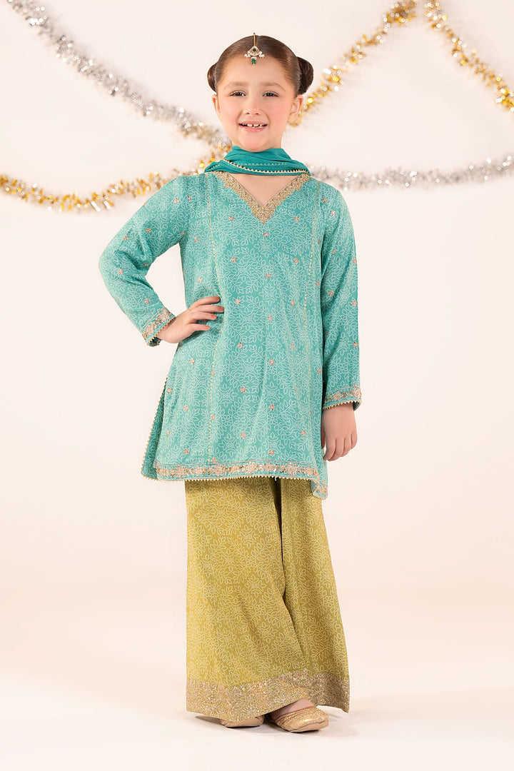 3 Piece Embroidered Raw Silk Suit Kids MSF2649-023-SGR