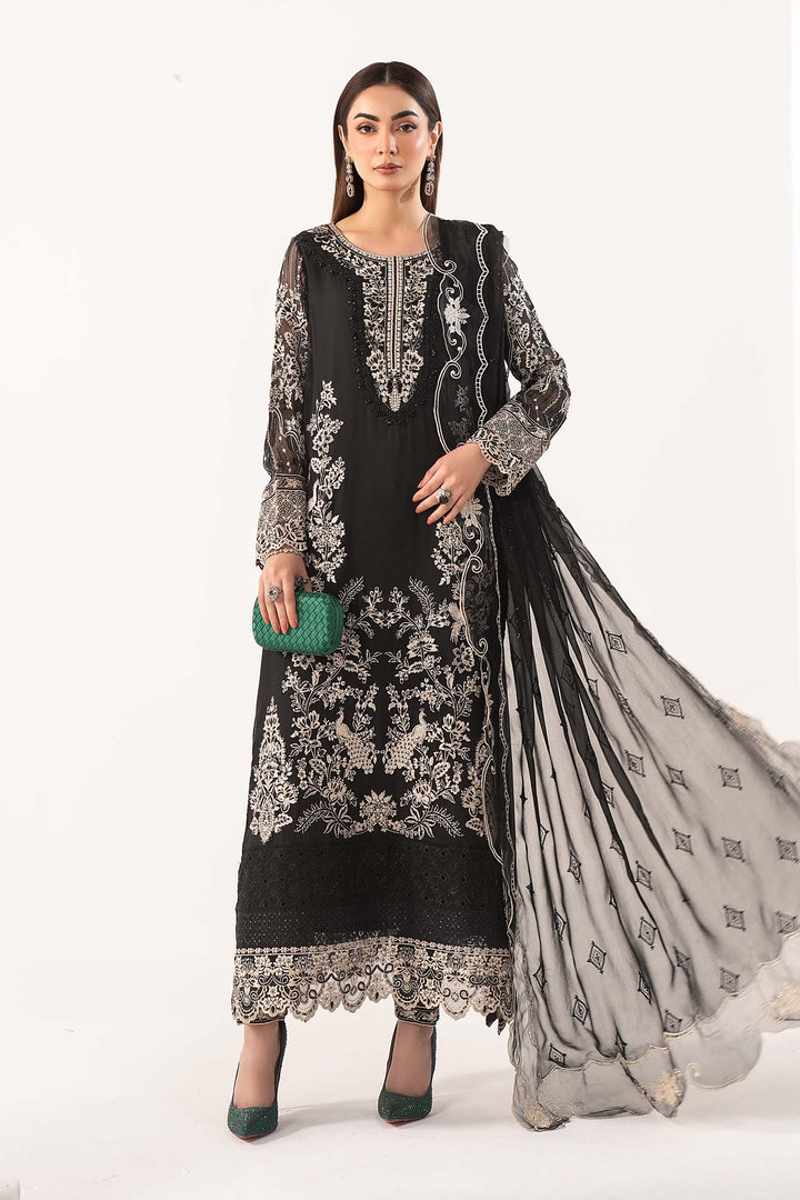 3 Piece Embroidered Chiffon Suit Luxury Formals SFE2614-ESM-BLK